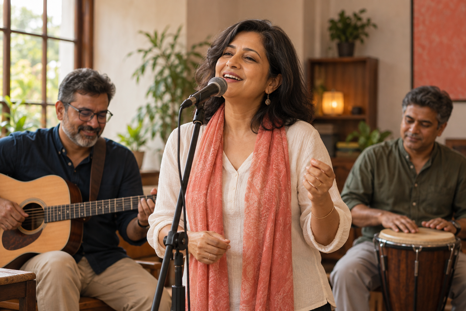 A live singer and band photographed from the audience